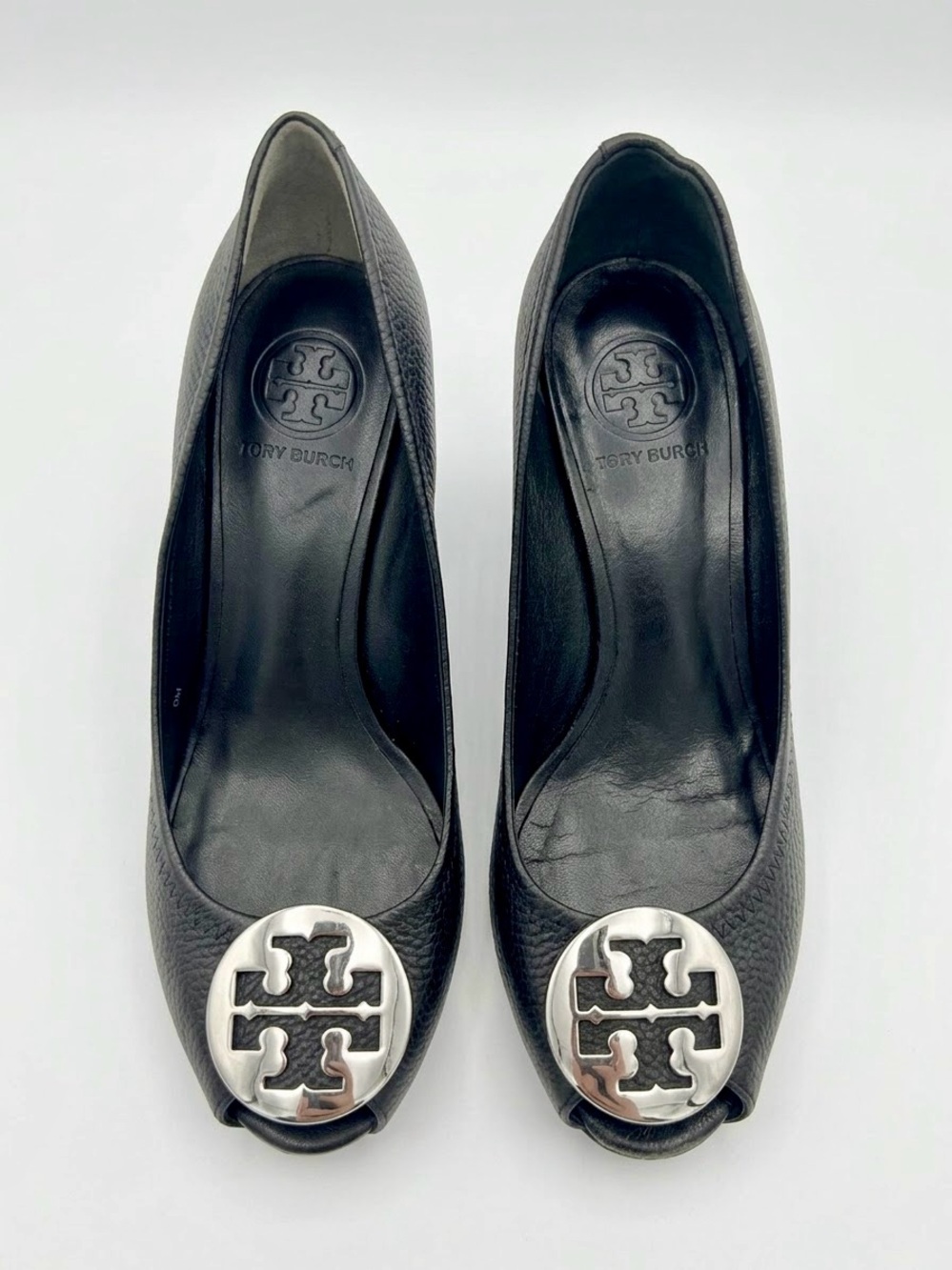 Tory Burch Sally Wedge Pumps in Black Tumbled / Pebbled Leather- 8M